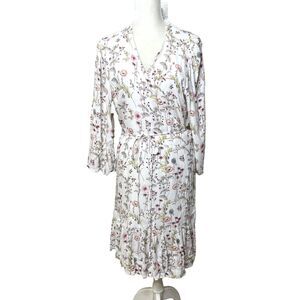 GAP Size XXL Floral Wrap Dress Ruffle 3/4 Sleeve Flowers 2X White V Neck